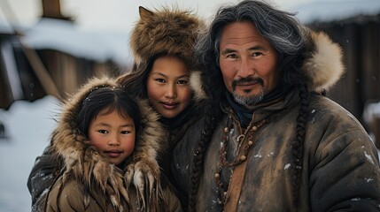 Inuit family posing next the house. - obrazy, fototapety, plakaty