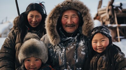 Inuit family posing next the house. - obrazy, fototapety, plakaty