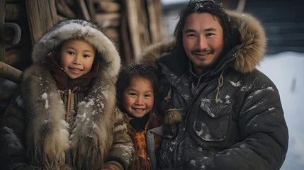 Fotobehang Inuit family posing next the house. © MiguelAngel