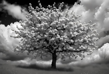 black and white photo of a tree,, apple blossoms, complex environment, highly detailed clouds, in thick layers of rhythms, photo