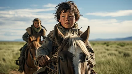 Selbstklebende Fototapeten Mongolian boy riding a horse. © MiguelAngel