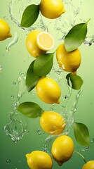fresh  lemons jumping, splashing water, juice, leaves, green background