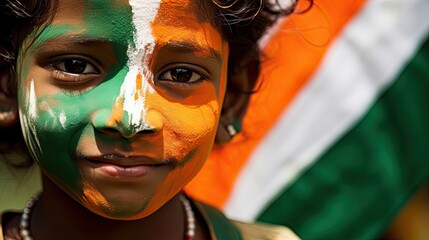 Portrait, child with his face painted with the colors of the Indian flag.