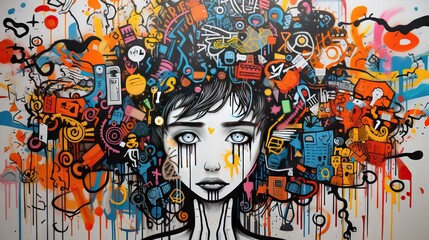 Fototapeta na wymiar young woman with tears, grunge art around hair, mental health issues, graffiti art, pop art 
