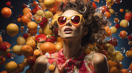 Creative portrait of an attractive girl with glasses and floating fruit in her hair and around her. Vintage inspired style. - obrazy, fototapety, plakaty