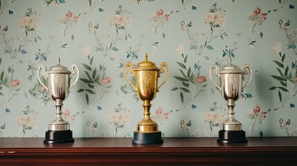 Trophy cups on a wall with vintage style wallpaper. - obrazy, fototapety, plakaty