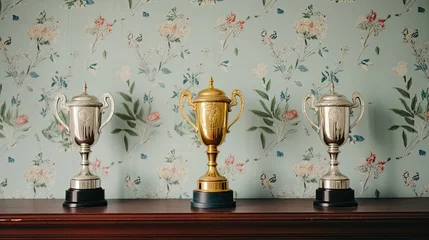 Foto op Canvas Trophy cups on a wall with vintage style wallpaper. © MiguelAngel
