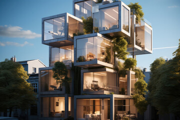 Modern facade, 4-story commercial-residential apartment.