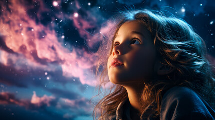 A cute little girl is looking at the starry Christmas night sky. - obrazy, fototapety, plakaty
