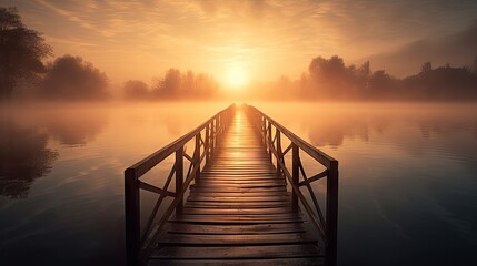  a dock in the middle of a body of water with the sun rising over the water and trees in the background.