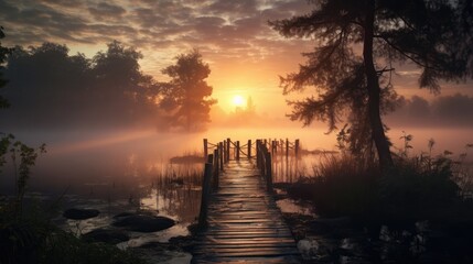  a dock in the middle of a body of water with a sun setting in the background and fog in the air.