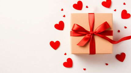 Gift box with red ribbon and red heart on white background. A gift for valentine's day or birthday.