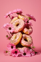 Delicious sandwich with flowers on pastel pink background. Creative commercial floral bloom concept. Minima visual trend.