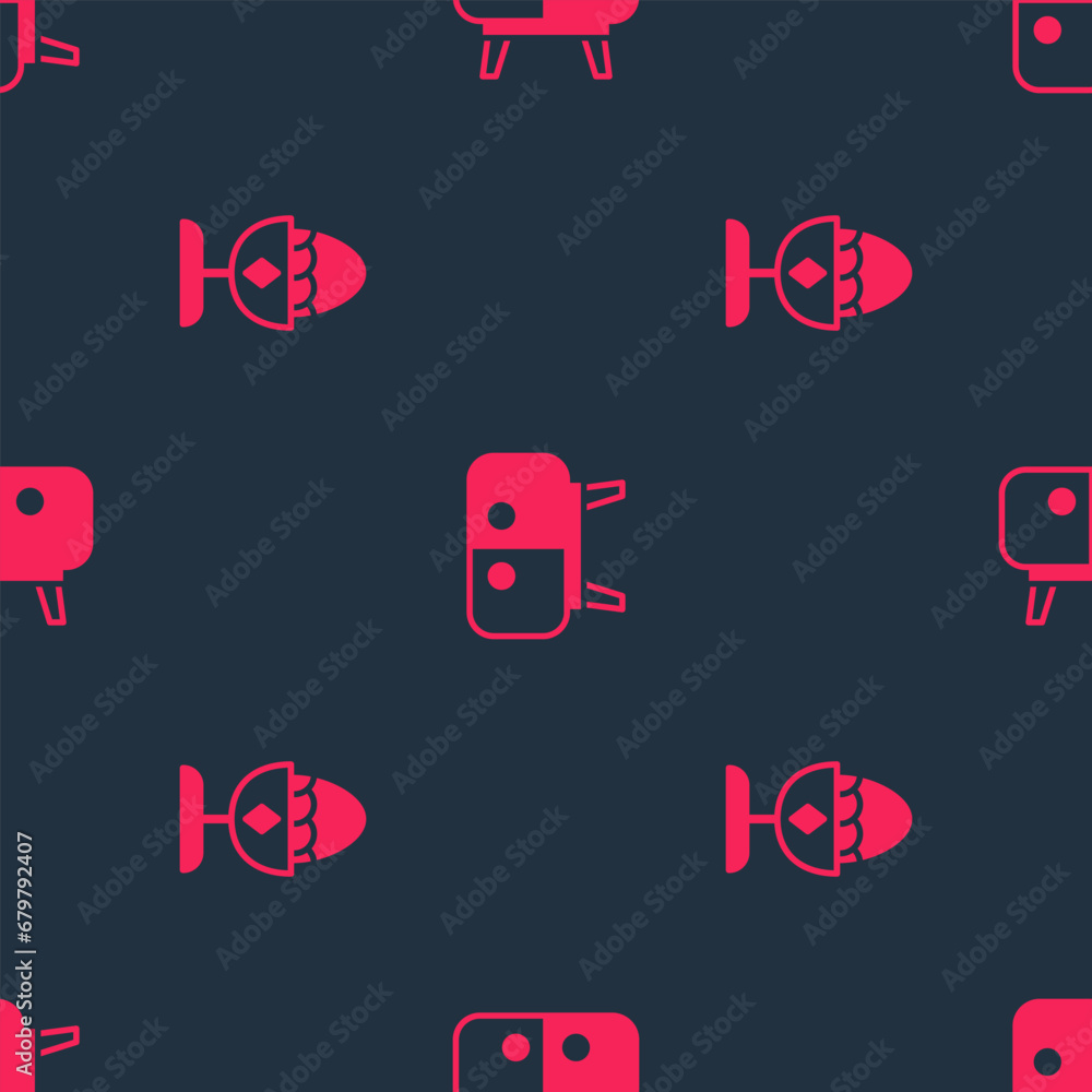 Poster set chicken egg on a stand and tv table on seamless pattern. vector