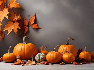 Naklejka na ściany i meble Fall background with orange pumpkins and fall leaves on a light surface.