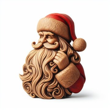 This image artfully portrays Santa Claus as a wooden carving, displaying rich textures and swirls in his flowing beard and festive attire, all isolated on a clean white background. 