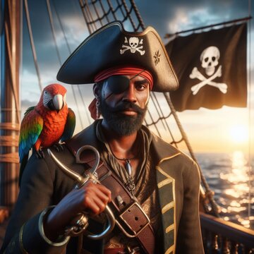 This striking image showcases a pirate with a resolute gaze, complete with a traditional eye patch and tricorn hat, accompanied by a colorful parrot, against the backdrop of a sunset-lit ocean.