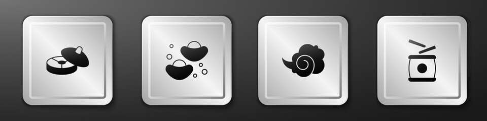 Set Chinese tea ceremony, fortune cookie, Magic fog smoke and drum icon. Silver square button. Vector