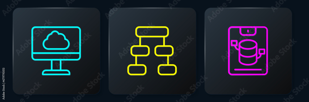 Poster set line cloud technology data transfer, server, data, web hosting and hierarchy organogram chart. b
