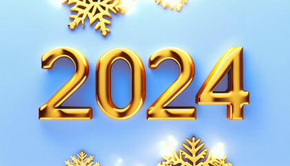 Noworoczne błękitne tło ze złotym, trójwymiarowym napisem 2024  - obrazy, fototapety, plakaty