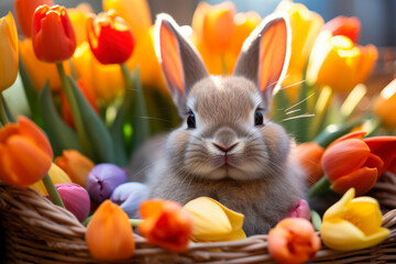 Fototapeta na wymiar A cute Easter Bunny sitting in a basket with colored tulips
