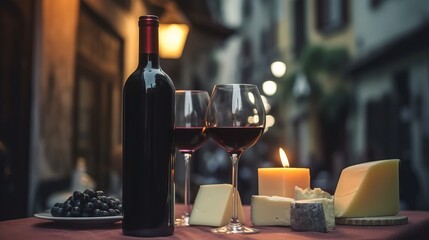 Fototapeta na wymiar wine bottle with red wine with two wineglasses, grape and different types of cheese on the restaurant table outdoors, background of narrow Italian streets