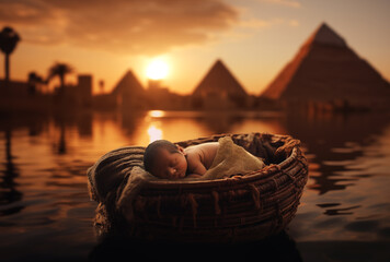 Baby Moses floating in a Basket - River Sunset - Pyramids of Egypt - River's Embrace: Sleeping Infant Moses, a Divine Miracle - obrazy, fototapety, plakaty