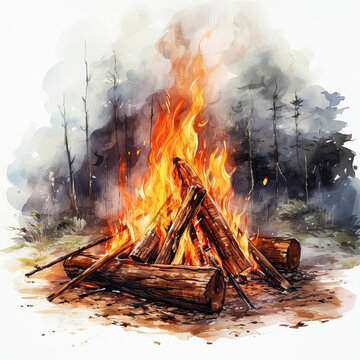 watercolor Camp fire clipart, Generative Ai