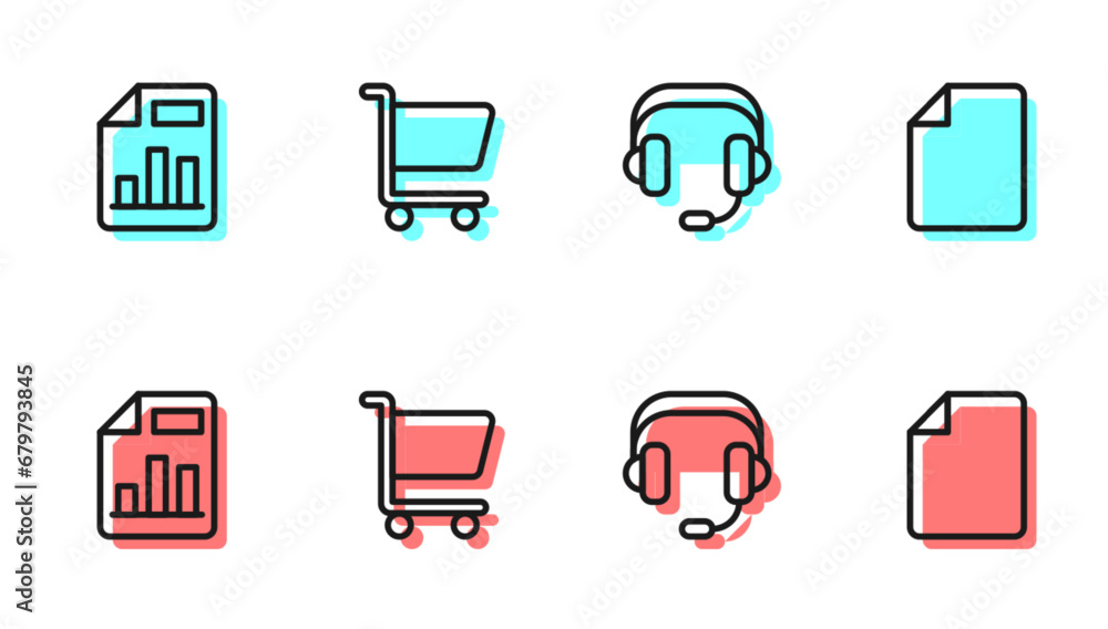 Poster set line headphones, document with graph chart, shopping cart and file document icon. vector