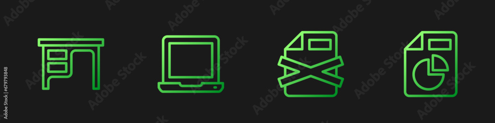 Poster set line delete file document, office desk, laptop and document with graph chart. gradient color ico