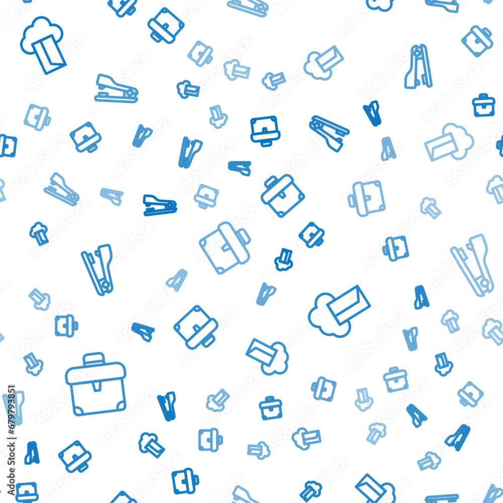 Poster set line briefcase, cloud database and stapler on seamless pattern. vector