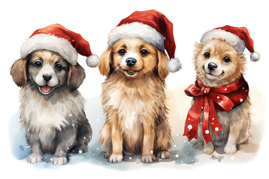 Collection of Christmas Dog Images. Whimsical Illustration for Children's Book. Transparent PNG.