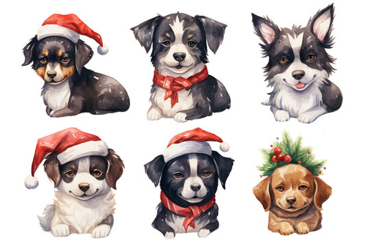 Set of christmas dogs. Children's book illustration. Isolated on transparent background PNG.
