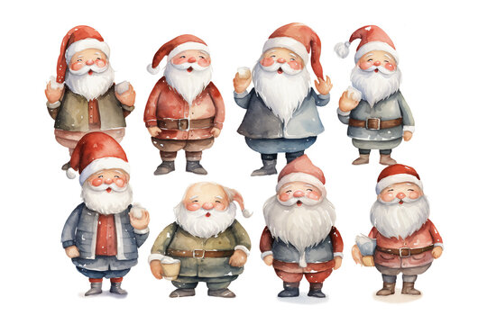 Assortment of Santa Claus Images for Christmas. Children's Book Style Illustration. Watercolor Technique. PNG with Transparent Background.