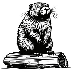 Beaver woodcut style drawing vector illustration - obrazy, fototapety, plakaty