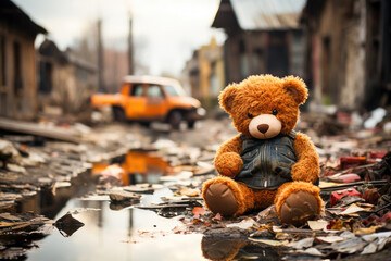 A lone teddy bear in a leather jacket sits on a dilapidated street amidst urban ruins, conveying a sense of abandonment and lost childhood. - obrazy, fototapety, plakaty