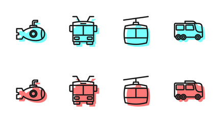 Set line Cable car, Submarine, Trolleybus and Bus icon. Vector