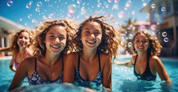 Image of cheerful girls with bright smiles, looking at the camera while enjoying a swim in a sunlit blue pool with bubbles.
