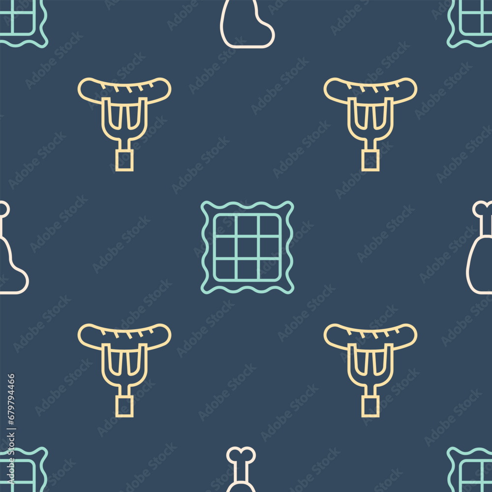 Poster set line chicken leg, sausage on the fork and checkered napkin on seamless pattern. vector