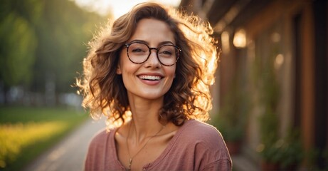Portrait of a joyful and content woman with glasses enjoying the outdoors. - obrazy, fototapety, plakaty