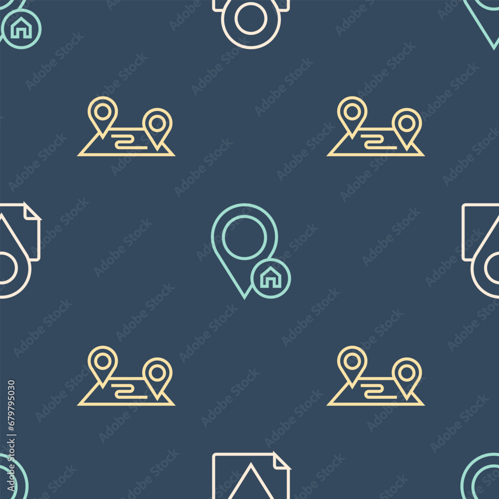 Poster set line folded map with location marker, route and location house on seamless pattern. vector