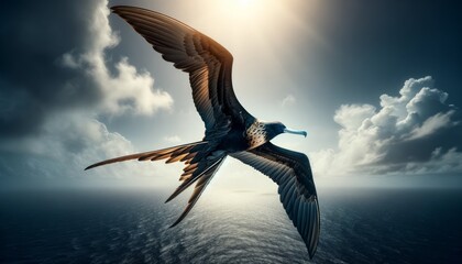 Photograph of Frigatebird (Fregata magnificens) above ocean, showcasing aerial grace.
