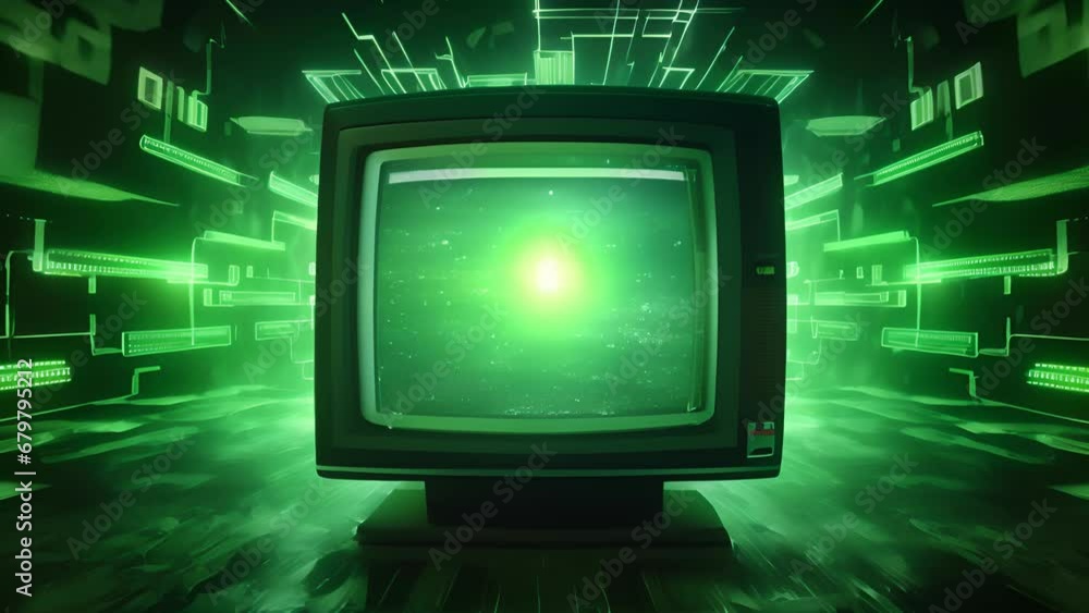 Poster an oldfashioned squareshaped tv with large silver s across the front panel and a glowing green on li
