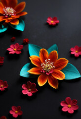 Abstract floral background with flowers, leaves, in 3d style, black background,ai generation
