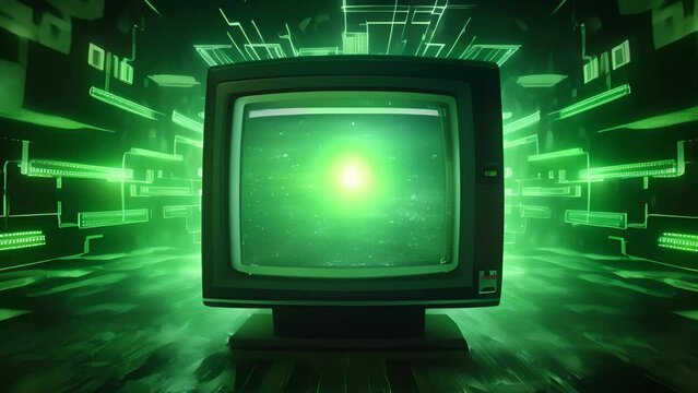 An oldfashioned squareshaped TV with large silver s across the front panel and a glowing green on light. Its screen is lit up with images of data and a matrix of interconnected