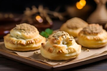 Free photo top view of homemade meat pies bellyache on a wooden platter on dark