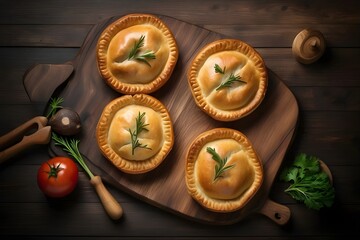 Free photo top view of homemade meat pies bellyache on a wooden platter on dark