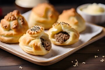 Free photo top view of homemade meat pies bellyache on a wooden platter on dark