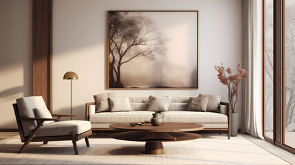 3D rendering modern style living room background, living room decoration design, white canvas on the wall