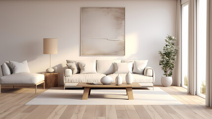 3D rendering modern style living room background, living room decoration design, white canvas on the wall